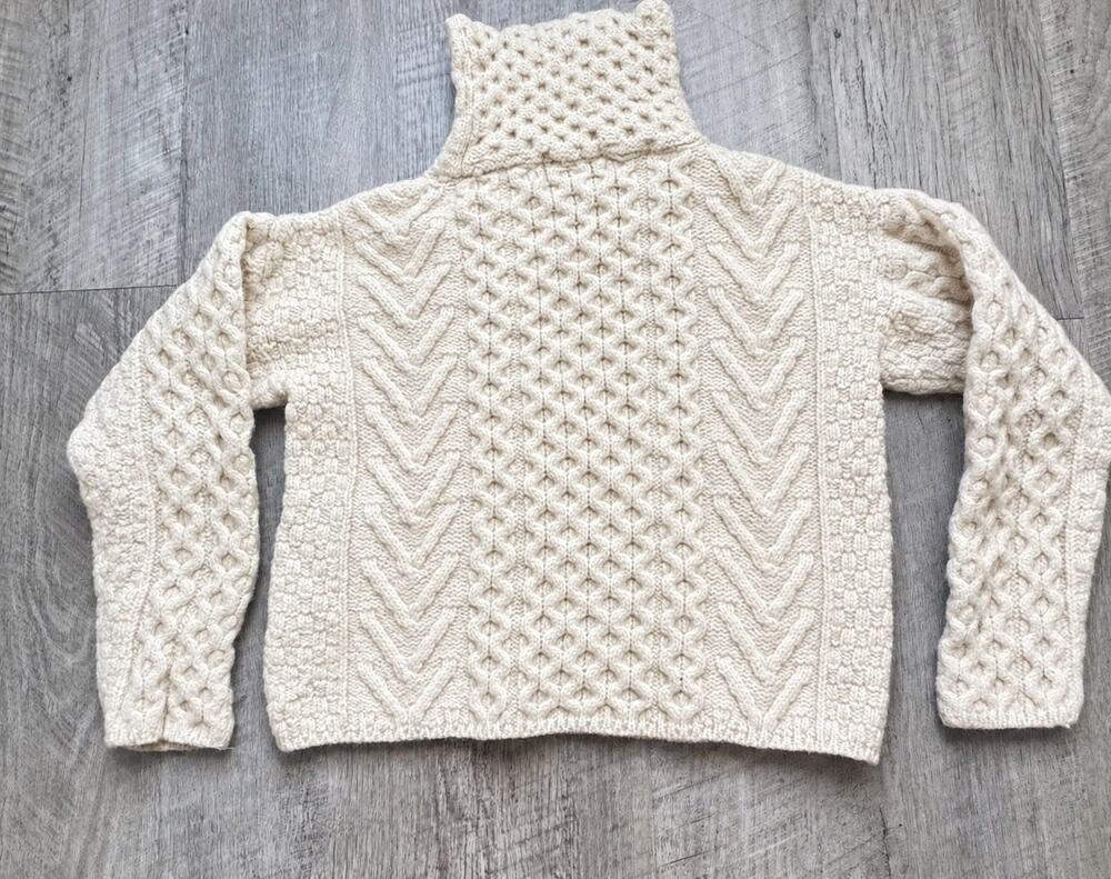 Aran Crafts Ireland Wool Cable Knit Sweater Turtleneck Fisherman Cream Size L